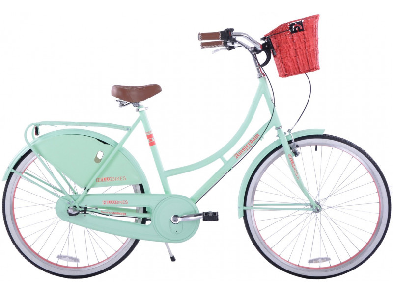Retro Mestský Bicykel HELLO BIKE AMSTERDAM 28" 3 prevodový pistáciový+košík