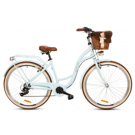 Retro Bicykel GOETZE HLINÍKOVÝ 28" 7 prevodový modrý, hnedé kolesá+ košík