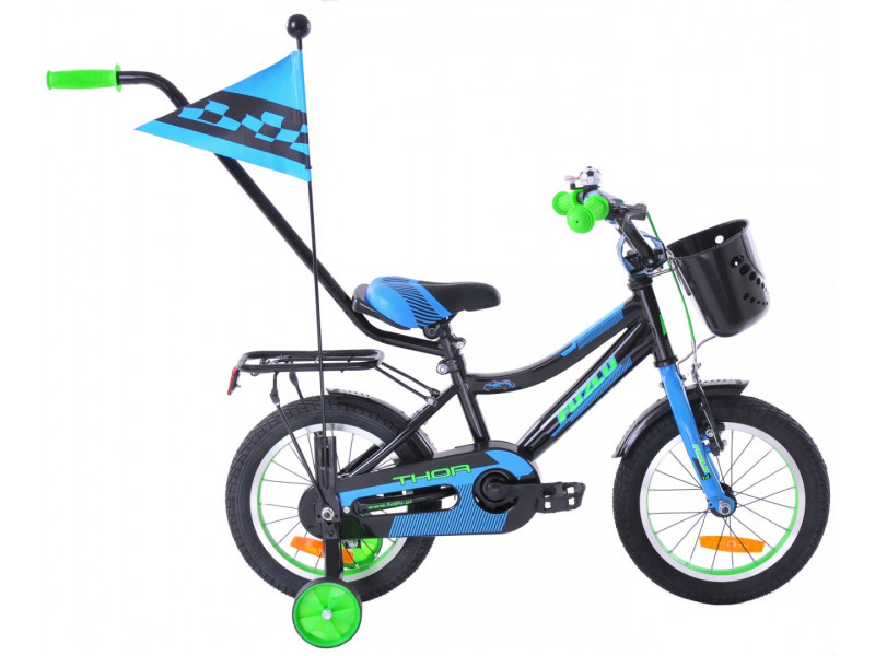 Detský bicykel 14" Fuzlu Thor čierno-modro-zelený lesklý