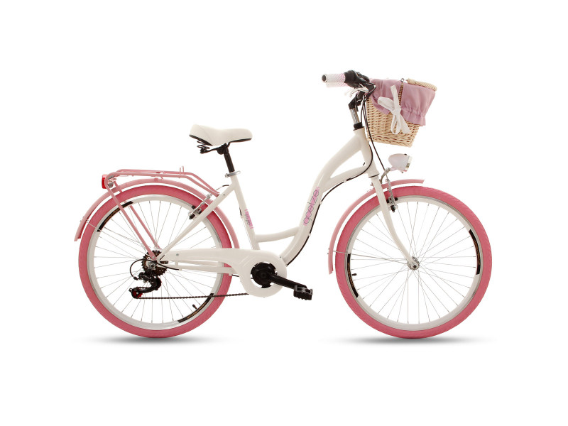 Retro Bicykel GOETZE MOOD 26" 6 prevodový biely ružové kolesá +košík grátis