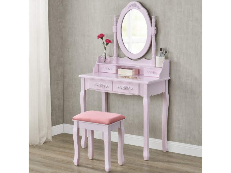 Toaletný Stolík S Kozmetickým Zrkadlom + Stolička Marie Thérése PINK