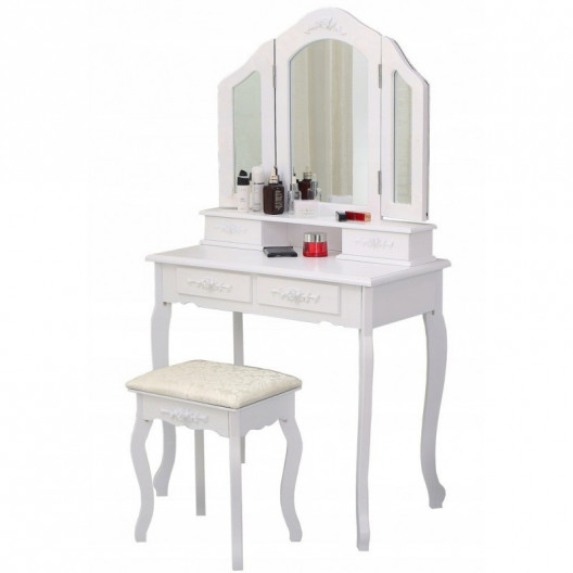 Kozmetické toaletné zrkadlo s 3 zrkadlami+ stolička+ štetce a hubka ZDARMA